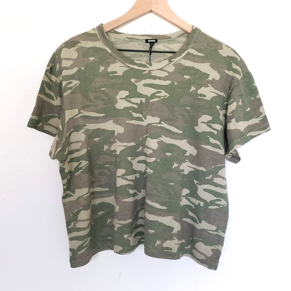 NEW!! Monrow SIZE L Green Camo Crew Neck Cute Cropped Boxy Fit T-Shirt Womens - Picture 11 of 12